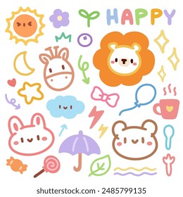 Cute doodle hand drawn kids set.Cute Doodle Animals and Happy Elements. Colorful Kawaii Illustrations with Fun Designs. 