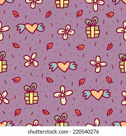 cute doodle hand drawn objects seamless pattern, holiday, heart, present, flower, dots