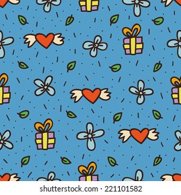 cute doodle hand drawn objects seamless pattern, holiday, heart, present, flower, dots