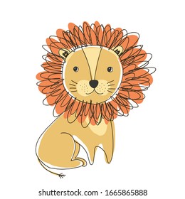 Cute doodle hand drawn orange lion illustration. Bright cartoon childish feline for kids print design, textile decoration, greeting cards, print, stickers, logo