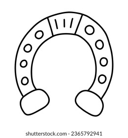 Cute doodle with hand drawn outline of lucky horseshoe. Symbol of good luck casino and Saint Patrick's Day. Simple black and white clipart isolated on white. Irish sign of lucky, prosperity, success
