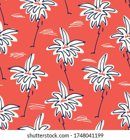 Cute Doodle Hand Drawn Palms Hawaiian Beach Shirt Vector Seamless Pattern. Retro Surf and Beach Tropical Vacation Print for Fashion, Textile. Funky Playful Eighties Style Summer Red Background.