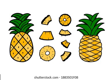 Cute doodle, hand drawn set, collection of pineapples with leaves and pineapple slices for tropical food design.
