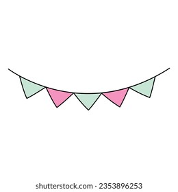 Cute doodle hand drawn triangular flags. Free hand paper cute baby garland isolated on white background.