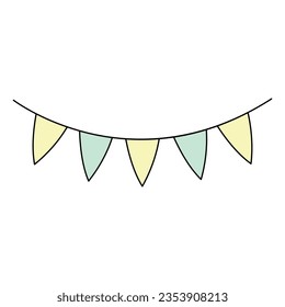 Cute doodle hand drawn yellow and green pointy flags. Free hand paper cute baby garland isolated on white background.
