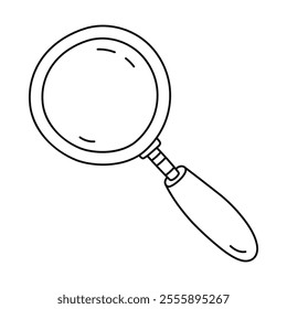 Cute doodle hand held magnifying glass. Hand drawn loupe with handle as concept of search information, investigating, business idea. Outline scientific and business magnifier isolated on white.