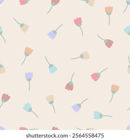 Cute doodle hand-drawn cartoon tulip flower element. Vector floral leaves branches seamless pattern design for fabric, wrapping, textile, wallpaper, card, paper gift, phone case, stationery.