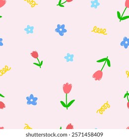 Cute doodle hand-drawn cartoon tulip flower element. Vector floral leaves branches seamless pattern design for fabric, wrapping, textile, wallpaper, card, paper gift, phone case, stationery.