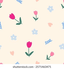 Cute doodle hand-drawn cartoon tulip flower and heart element. Vector floral leaves seamless pattern design for fabric, wrapping, textile, wallpaper, card, paper gift, phone case, stationery.