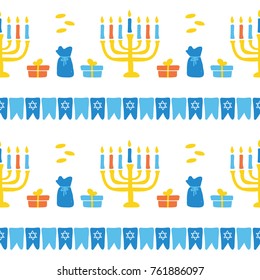 Cute doodle Hanukkah seamless pattern background with menorah, flags and gifts.