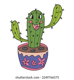 Cute doodle happy cactus in the pot isolated on white background. Groovy cactus. Sketch of potted house plant.