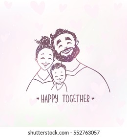 Cute doodle of happy family. Vector illustration. Cartoon. Romantic young positive smiling people. Parents with baby.