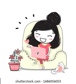 cute doodle a happy girl chatting on laptop on sofa at home with cute cat, work from home.