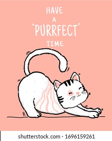 cute doodle happy playful lazy fluffy kitty white and pink cat have purrfect time, outline hand draw flat vector illustration