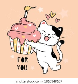 cute doodle happy smile white cat hold pink muffin with birthday candle, idea for sublimation, greeting card, cut file, printing, printable, t shirt, kid cartoon