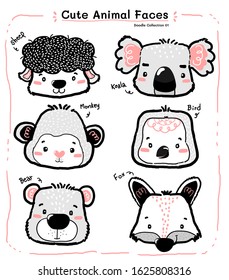 cute doodle happy smile wild animal face head collection set, nursery kid outline drawing, sheep, koala, monkey, teddy, bear, fox