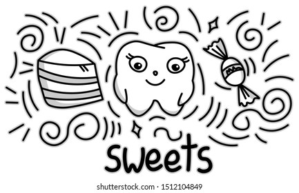 cute doodle happy tooth with sweets, cartoon drawing, for kids dental cabinet or books illustration, dental care and teeth health theme, editable vector illustration