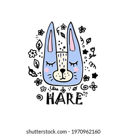 Cute doodle hare head, funny flat hand-drawn hare characters with doodles around, animal face with doodles, childish style,  trendy design for kids
