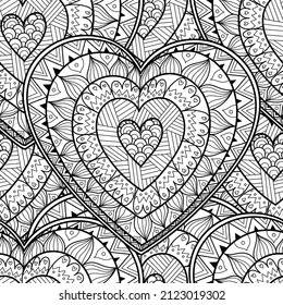 Cute doodle heart black and white seamless pattern for coloring book. Love mandala outline background. Creative coloring page for adults and kids. Vector illustration