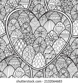 Cute doodle heart black and white seamless pattern for coloring book. Love mandala outline background. Creative coloring page for adults and kids. Vector illustration