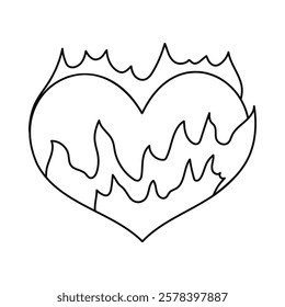 Cute doodle heart in flame in Y2k aesthetic. Outline retro love symbol from 90s and 00s. Hand drawn simple heart with fire isolated on white background. Nostalgia for vintage, 1990s and 2000s vibes.