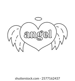 Cute doodle heart with lettering Angel, wings, nimbus in Y2k aesthetic. Retro love symbol from 90s, 00s. Hand drawn outline simple heart with typography isolated on white. Nostalgia for 1990s vibes.