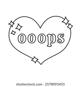 Cute doodle heart with lettering Oops and stars in Y2k aesthetic. Retro love symbol from 90s and 00s. Hand drawn simple heart with typography with outline isolated on white. Nostalgia for 1990s vibes