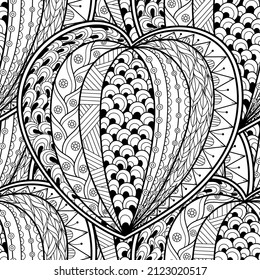 Cute doodle heart mandala black and white seamless pattern for coloring book. Love outline background. Beautiful coloring page for adults and kids. Vector illustration