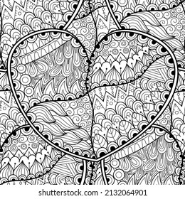 Cute doodle heart mandala black and white seamless pattern for coloring book. Love outline background. Beautiful coloring page for adults and kids. Vector illustration