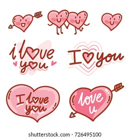 Cute doodle hearts characters and calligraphy phrases I love you 