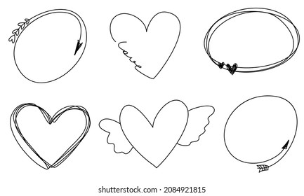 Cute doodle hearts frames with love arrows for a wedding invitation. Line vector illustrations hand drawn collection.