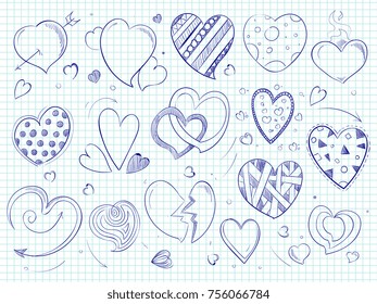 Cute doodle hearts, love ball pen drawn on notebook page. Vector illustration