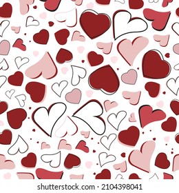 Cortos corazones de doodle fondo sin fisuras. Feliz Día de San Valentín fondo del corazón o diseño de tela sin fisuras