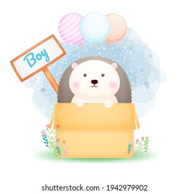Cute doodle hedgehog boy in the box cartoon character Premium Vector