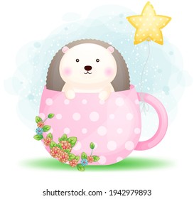 Cute-Doodle-Hedgehog auf Tasse-Cartoon-Charakter Premium-Vektorgrafik