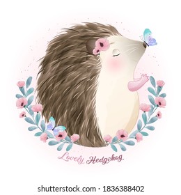 Cute doodle hedgehog with watercolor illustration