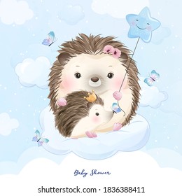 Cute doodle hedgehog with watercolor illustration