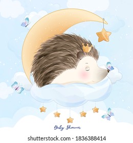 Cute doodle hedgehog with watercolor illustration