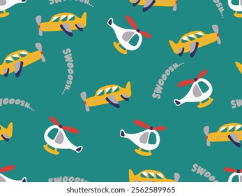 CUTE DOODLE HELICOPTER CHOPPER AND GLIDER SEAMLESS PATTERN ON BLUE BACKGROUND, TRANSPORT SEAMLESS PATTERN IN VECTOR