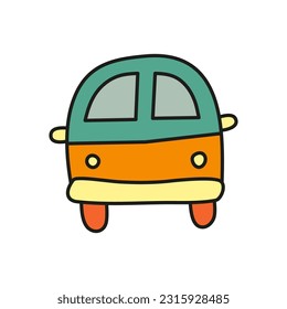 Cute doodle hippie van icon in retro groovy style. Colored hipster symbol.