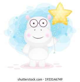 Cute doodle hippo holding star balloon cartoon illustration Premium Vector