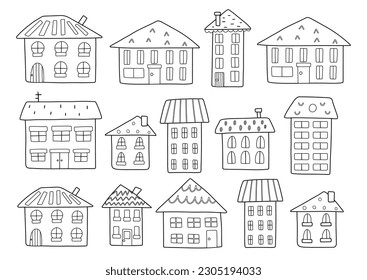 Cute doodle houses collection. Outline home elements isolated on white. Hand drawn buildings set for coloring pages and kids design. Vector illustration