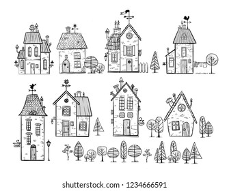Cute doodle houses on white background. Vector illustration.