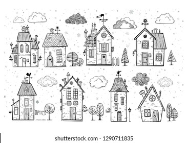 Cute doodle houses and snow clouds on white background