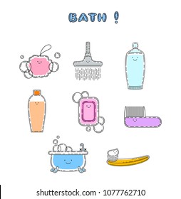 Cute doodle hygiene related items, with smile and bubbles, vector illustration