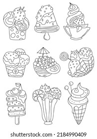 Cute doodle ice cream. Hand drawn cold desert set. Bowl, waffle cone, cup ice cream, mini melts small balls, eskimo pie, popsicle, sundae. Cafe menu, card, birthday decoration vector illustration