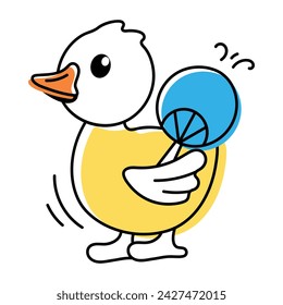 Cute doodle icon of a duck holding fan