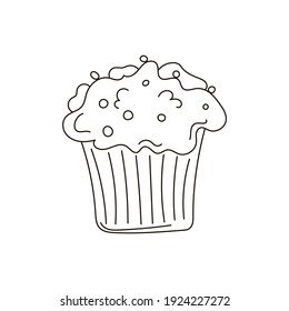 Cute doodle icon of muffin, cupcake. Hand drawn vector stock illustration in outlines isolated on white background. Design for cards, posters, stickers, web design, logo, coloring page ets.