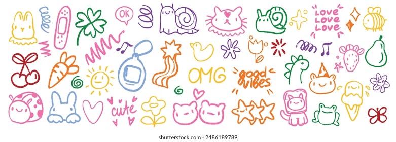 Cute doodle icon set, baby animals sticker, vector cartoon crayon hand drawn kawaii characters. Funny kids illustration kit, pen line scribble sketches, playful color bee, cat, bear, star. Cute doodle