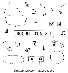 Cute-Doodle-Symbol-Set einschließlich Sprachballons (weißer Hintergrund, Vektorgrafik, ausgeteilt)